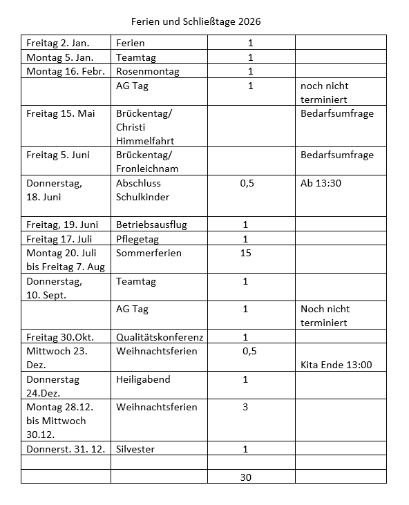 Ferien und Schließtage 2026